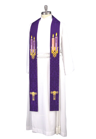 Advent Tau Cross Candles Stole | Blue or Violet Advent Priest Stole