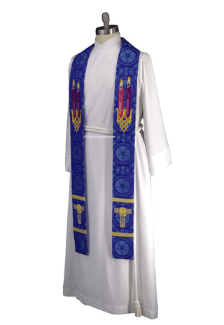 Advent Tau Cross Candles Stole | Blue or Violet Advent Priest Stole