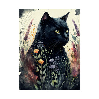 Black Cat in a Field Watercolor Print - Ideal for Cat Lovers, Cat Moms, and Housewarming Gifts