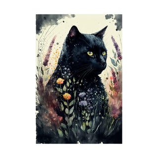 Black Cat in a Field Watercolor Print - Ideal for Cat Lovers, Cat Moms, and Housewarming Gifts