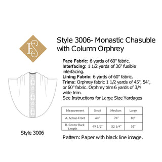 chasuble sewing pattern monastic style column orphrey band meausrement and yardage chart | Ecclesiastical Sewing