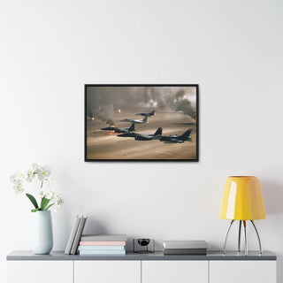 Framed Canvas For Man Cave Gift For him Modern Poster USA Military Wall Art For Dad - Fly over Kuwaiti oil fires