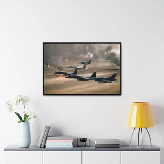 Framed Canvas For Man Cave Gift For him Modern Poster USA Military Wall Art For Dad - Fly over Kuwaiti oil fires