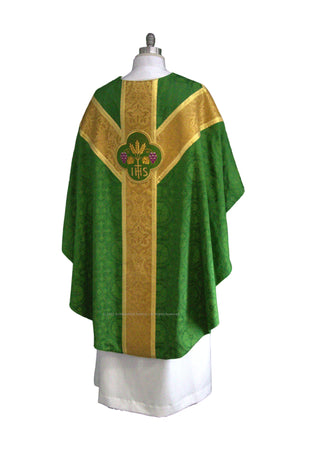 Green Chasuble IHS and Grape Quatrefoil  Design | Green Pastor Chasuble