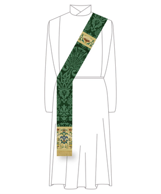 Green Silk Damask and Tapestry Priest Stole | Green Priest Stole Tapestry Accents