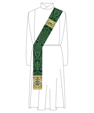 Green Silk Damask and Tapestry Priest Stole | Green Priest Stole Tapestry Accents