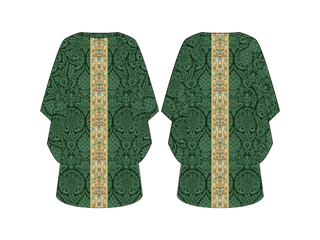 Accenti di tappezzeria per casula damascata in seta verde | Casula in seta e tappezzeria