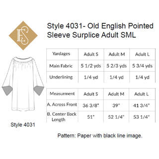 Old English Style 4031 & 4032 Round Yoke Surplice Pointed Sleeves | Church Sewing Pattern