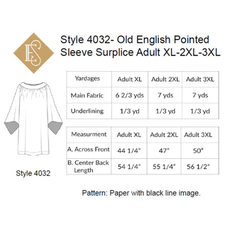 Old English Style 4031 & 4032 Round Yoke Surplice Pointed Sleeves | Church Sewing Pattern