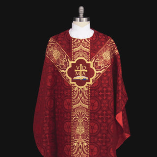 Red Luther Rose Brocade Dove and VDMA Pentecost Chasuble - Dice Braid Trim With Red and Gold Wakefield Orphreys