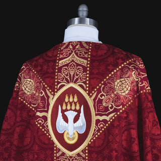 Red Luther Rose Brocade Dove and VDMA Pentecost Chasuble - Dice Braid Trim With Red and Gold Wakefield Orphreys