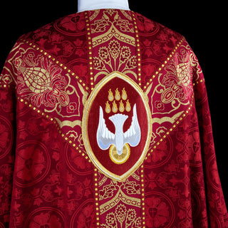 Red Luther Rose Brocade Dove and VDMA Pentecost Chasuble - Dice Braid Trim With Red and Gold Wakefield Orphreys