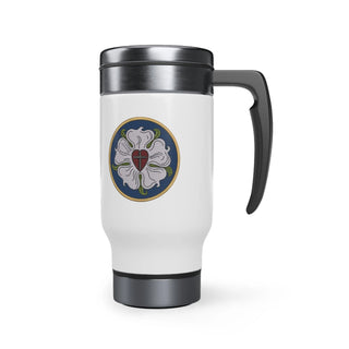 Stainless Steel Travel Mug with Handle, 14oz Luther Rose Reformation Christian Coffee Mug Pastor Gift  Lutheran Youth Group